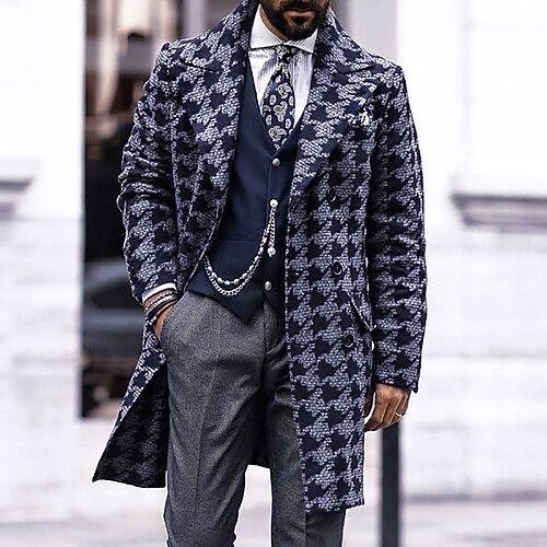 

Men's Winter Coat Overcoat Business Casual Fall & Winter Polyester Outerwear Clothing Apparel Geometric Print Straight Collar Single Breasted