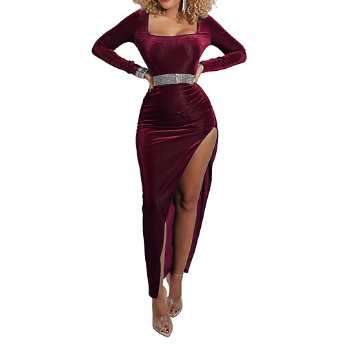 

Women's Party Dress Velvet Dress Green Long Dress Maxi Dress Green Blue Pink Red Black Long Sleeve Pure Color Split Fall Spring Square Neck Sexy Party Fall Dress Slim 2022 S M L XL XXL
