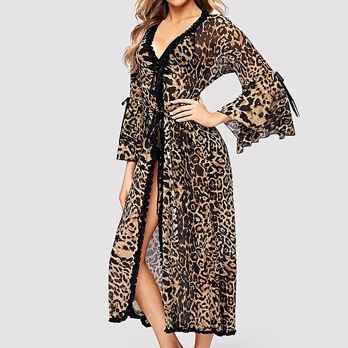 

Women's Pajamas Robes Gown Bathrobes Nighty 1 PCS Leopard Simple Hot Retro Party Home Bed Acrylic Breathable Gift V Wire Long Sleeve Basic Spring Summer Brown