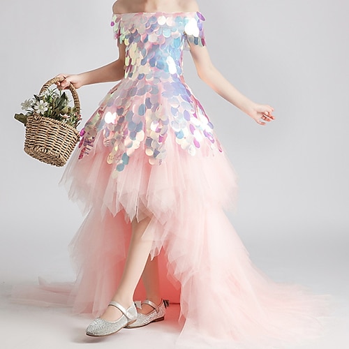

Kids Little Girls' Dress Rainbow Sequin A Line Dress Party Sequins Ruched Mesh Pink Linen Maxi Sleeveless Princess Cute Dresses Fall Summer Regular Fit 3-12 Years