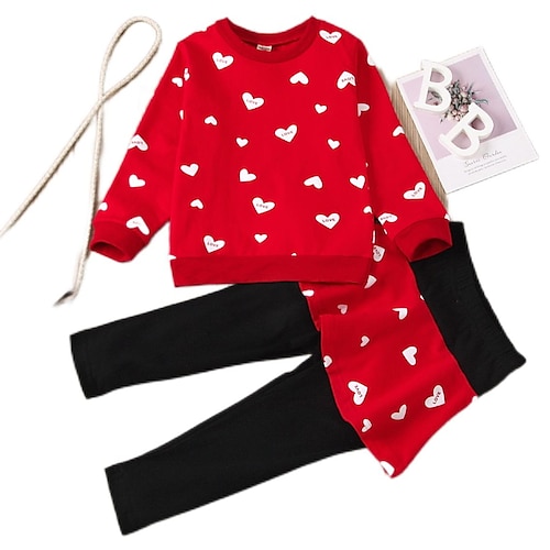 

2 Pièces Ensemble de Vêtements Tenues Enfants Fille Cœur Lettre manche longue Imprimer Coton Set Extérieur Le style mignon Doux Hiver Automne 2-8 ans Rose Claire Rouge