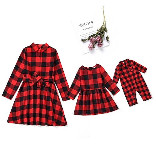 

Mommy and Me Dresses Cotton Plaid Sports Ruched Red Long Sleeve Knee-length Active Matching Outfits / Fall / Spring / Casual