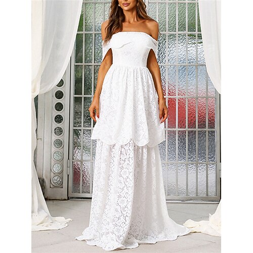 

A-Line Wedding Dresses Off Shoulder Sweep / Brush Train Lace Short Sleeve Country Romantic with Ruffles 2022