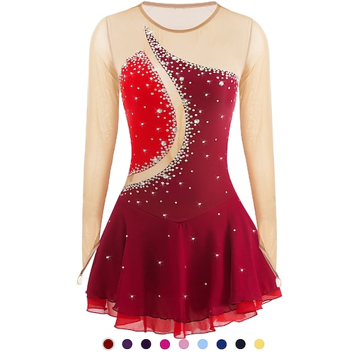 

Figure Skating Dress Women's Girls' Ice Skating Dress Outfits Purple Pink Dark Purple Patchwork High Elasticity Competition Skating Wear Handmade Jeweled Rhinestone Long Sleeve Ice Skating Figure