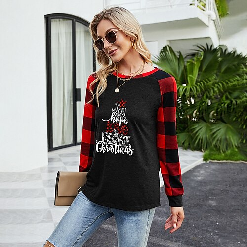 

Women's T shirt Tee Gray White Black Plaid Color Block Print Long Sleeve Gift Casual Basic Round Neck Regular Painting S