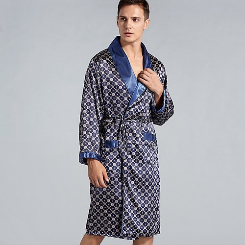 

Men's Plus Size Pajamas Silk Robe Sleepwear Silk Kimono Geometic Luxury Home Vacation Beach Faux Silk Lapel Long Sleeve Spring Summer Dark Blue Flower-One Piece Nightgown