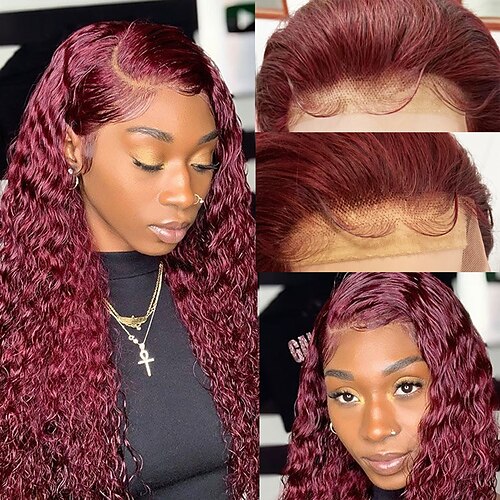 

13x4 Lace Red Burgundy 99J Color Short Curly Lace Closure Pixie Bob Cut Blunt Tip Front Human Hair Wig For Black Women