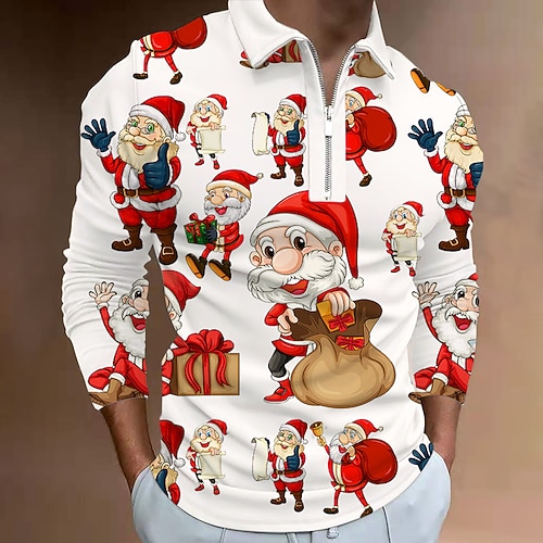 

Men's Christmas Golf Shirt 3D Print Santa Claus Zipper Print Long Sleeve Tops Sportswear Casual Fashion Comfortable White / Fall / Winter
