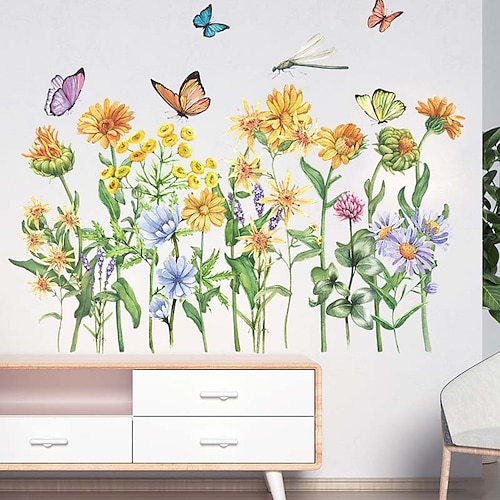 

90x30cm/2pcs Wall Stickers Self-adhesive Small Fresh Flowers Butterfly Dragonfly Skirting Living Room Bedroom Wall Decoration