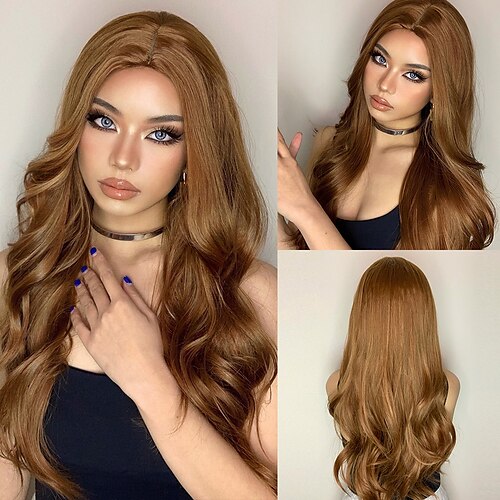 

Synthetic Wig Natural Wave Deep Wave Middle Part Wig 28 inch sepia Synthetic Hair Women's Natural Classic Fashion Orange Brown