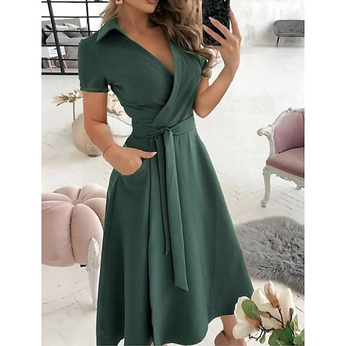 

Mujer Vestido de Columpio Negro Verde Ejército Caqui Manga Corta Bolsillo Primavera Verano Escote en Pico S M L XL XXL