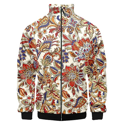 

Men's Jacket Thermal Warm Street Zipper Floral 3D Printed Graphic Stand Collar Active Jacket Outerwear Long Sleeve Full Zip Winter