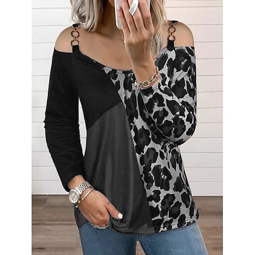 

Women's T shirt Tee Blue Purple Red Leopard Color Block Patchwork Cold Shoulder Long Sleeve Casual Weekend Basic Off Shoulder Regular Painting S / 3D Print / Print