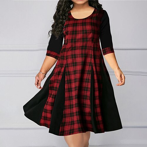 

Women's Plus Size Holiday Dress Plaid Crew Neck Print 3/4 Length Sleeve Fall Spring Casual Midi Dress Daily Vacation Dress