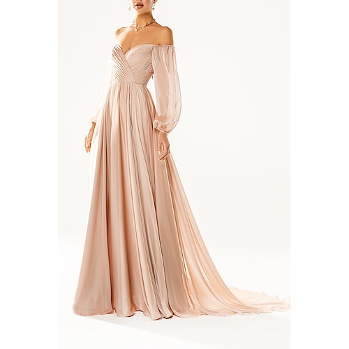 

A-Line Elegant Sexy Formal Evening Dress Strapless Long Sleeve Court Train Chiffon with Pleats 2022