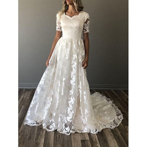

A-Line Wedding Dresses Square Neck Court Train Lace Tulle Short Sleeve Country Romantic with Appliques 2022