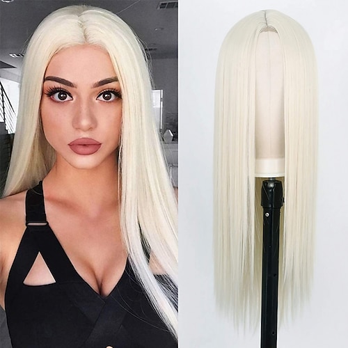 

White Wigs for Women White Straight Long Wigs for Women 26 Inch Middle Part Long Platinum Blonde #60 Straight Wig Natural Looking Synthetic Heat Resistant Full Wigs (60#) ChristmasPartyWigs