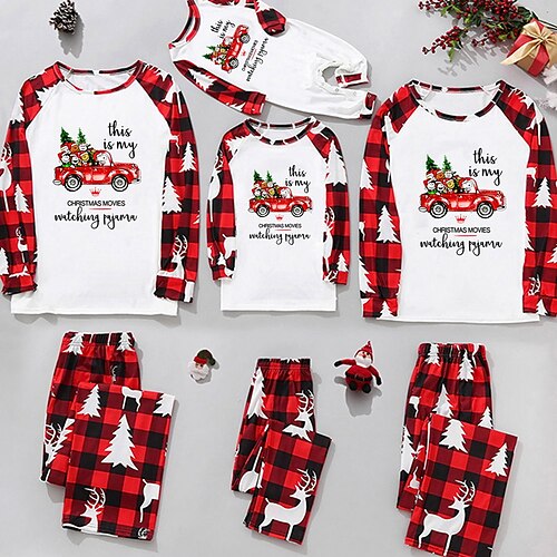 

Christmas Pajamas Ugly Family Set Cotton Plaid Car Christmas Tree Christmas Gifts Print Red White Long Sleeve Mom Dad and Me Basic Matching Outfits Homes Fall Spring Casual