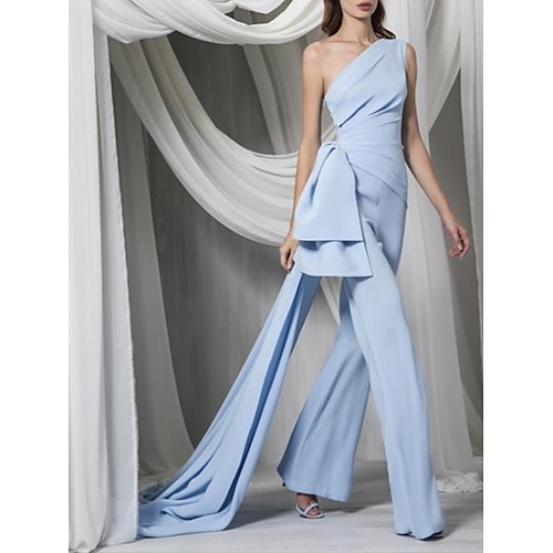 

Jumpsuits Reformation Amante Elegant Wedding Guest Formal Evening Dress One Shoulder Sleeveless Court Train Stretch Fabric with Draping 2022