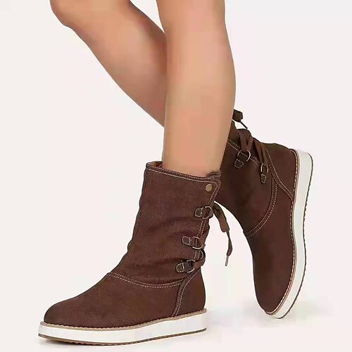 

Women's Boots Snow Boots Mid Calf Boots Flat Heel Round Toe Synthetics Lace-up Leopard Solid Colored Light Brown Leopard Black