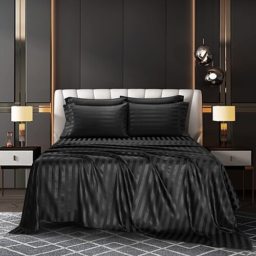 

Luxury Satin Black Bedding Sheet Sets Queen/King Size/Twin/Single for Hotel Home Bed(1 Flat Sheet,1 Fitted Sheet, 1 or 2 Pillowcase)