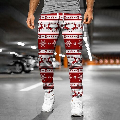 

Men's Christmas Pants Sweatpants Joggers Trousers Drawstring Elastic Waist Graphic Snowflake Christmas Outdoor Sports Full Length Casual Daily Designer Casual / Sporty Red Micro-elastic