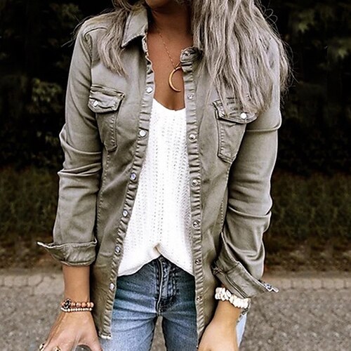

Women's Jacket Street Fall Winter Short Coat Shirt Collar Regular Fit Warm Fashion Basic Casual Jacket Long Sleeve Solid Colored Pocket Gray Green Spring Holiday
