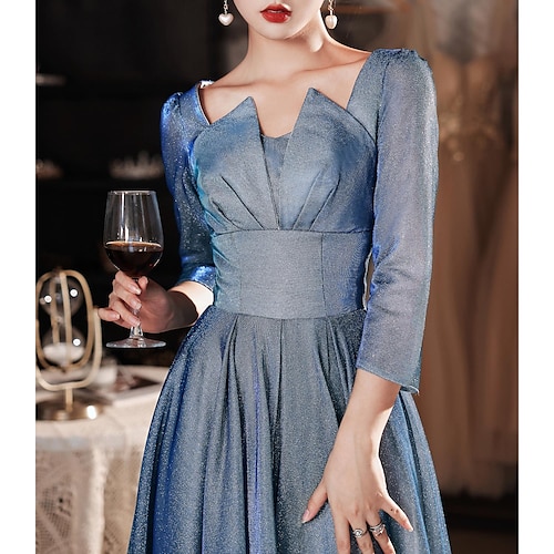 

A-Line Beautiful Back Elegant Prom Formal Evening Dress Sweetheart Neckline V Back 3/4 Length Sleeve Floor Length Satin with Sleek Pure Color Splicing 2022