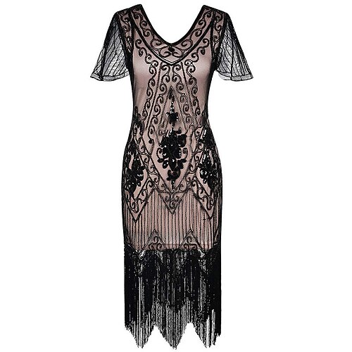 

Women's Party Dress Fringe Dress Sequin Dress Midi Dress Black Gold Pink Short Sleeve Pure Color Sequins Fall V Neck Party Birthday XS S M L XL XXL 3XL 4XL