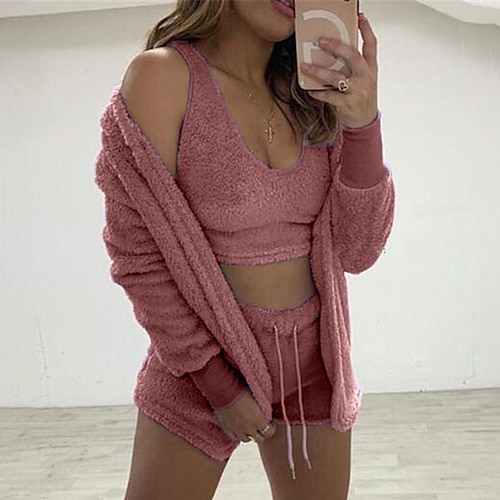 

Women's Loungewear Sets Nighty 3 Pieces Pure Color Plush Fashion Soft Home Street Daily Polyester Warm Gift Hoodie Long Sleeve Pant Basic Elastic Waist Fall Winter Light Pink Green / Sport