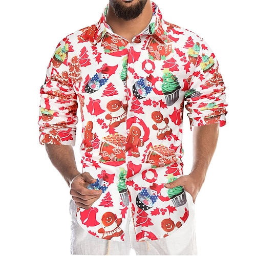 

Men's Christmas Ugly Shirt Regular Fit Long Sleeve Lapel Geometric Polyester Red 2022