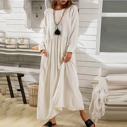 

Women's Cotton Linen Dress Swing Dress White Dress Maxi long Dress Cotton Blend Stylish Basic Outdoor Winter Dress Daily Crew Neck Ruched Rolled Cuff Long Sleeve Summer Spring Fall 2022 Loose Fit