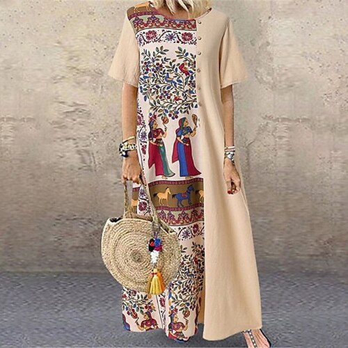 

robe longue Femme Robe casual Manche Courte Eté Printemps - mode Décontractées Imprimer Animal Floral Imprime Col Ras du Cou Coton 2023 Noir Beige M L XL XXL 3XL