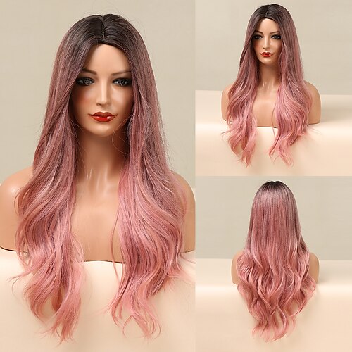 

Synthetic Wig Natural Wave Middle Part Wig 28 inch Gold Pink Synthetic Hair Women's Soft Fashion Fluffy Pink