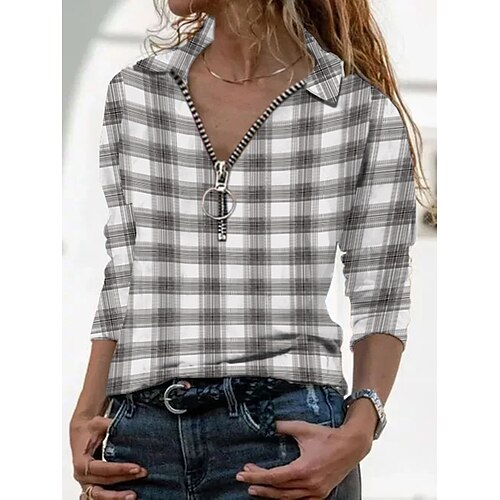 

T shirt Tee Femme Jaune Rouge Gris Plaid Quarter Zip Imprimer manche longue Casual Fin de semaine basique Col de Chemise Normal Standard Peinture S