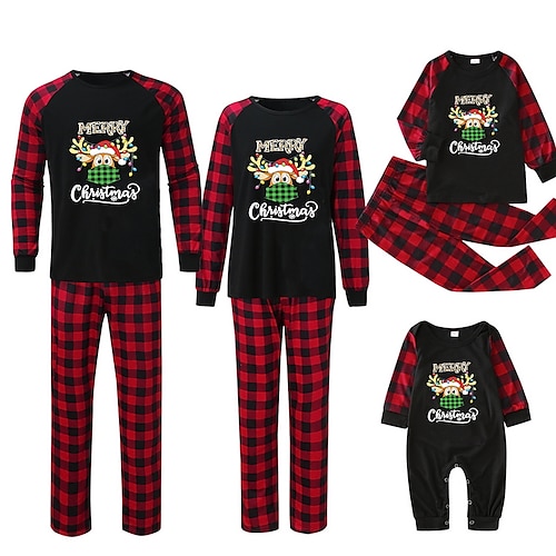 

Christmas Pajamas Ugly Family Set Plaid Deer Letter Christmas Gifts Print Black Gray Long Sleeve Mom Dad and Me Active Matching Outfits Homes Fall Spring Casual
