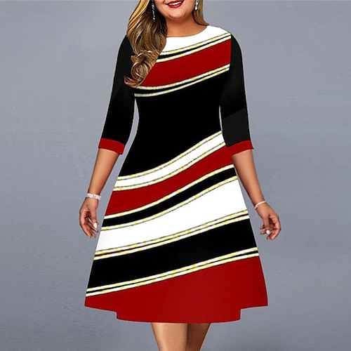 

Women's Plus Size Party Dress Color Block Crew Neck Print 3/4 Length Sleeve Spring Fall Casual Prom Dress Midi Dress Daily Vacation Dress
