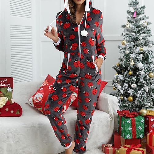 

Women's Christmas Pjs Pajamas Onesies Jumpsuits 1 PCS Penguin Animal Plush Simple Comfort Home Christmas Daily Flannel Warm Gift Hoodie Long Sleeve Print Fall Winter Gray Pink