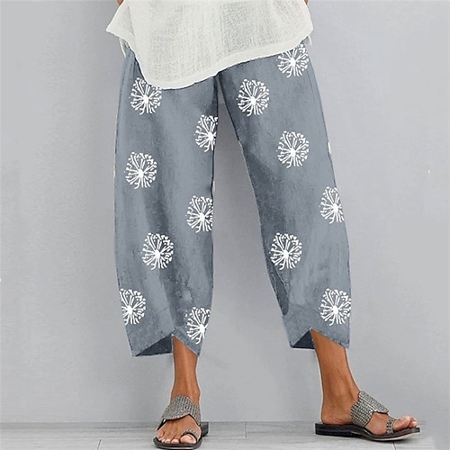 

Women's Basic Essential Casual Chinos Slacks Pocket Print Ankle-Length Pants Cotton Linen Pants Daily Weekend Inelastic Graphic Prints Dandelion Mid Waist Loose Gray Green Green Black Blue Gray S M L