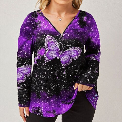 

Women's Plus Size Tops Blouse T shirt Tee Butterfly Zipper Print Long Sleeve Round Neck Ethnic Style Vintage Style Casual Daily Cotton Spandex Jersey Fall Winter Blue Purple / V Neck / V Neck