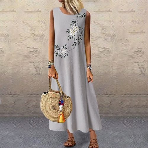 

Women's Swing Dress Long Dress Maxi Dress Green Dark Blue Gray Sleeveless Floral Pocket Spring Summer Crew Neck Weekend M L XL XXL 3XL 4XL 5XL