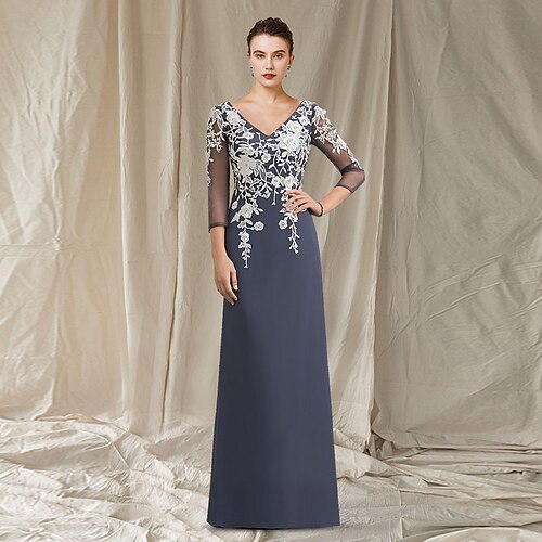 

A-Line Mother of the Bride Dress Elegant V Neck Floor Length Chiffon Lace 3/4 Length Sleeve with Appliques 2022