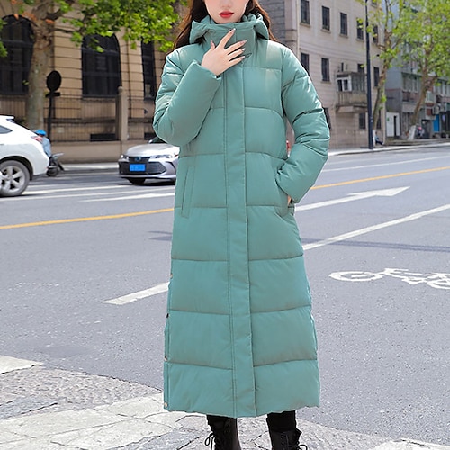 

Women's Puffer Jacket Outdoor Street Daily Winter Fall Long Coat Stand Collar Regular Fit Windproof Warm Casual Jacket Long Sleeve Solid Color Full Zip Green Black Khaki / Going out