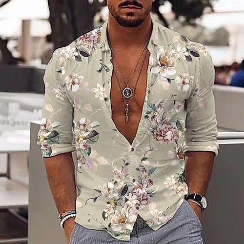 

Men's Shirt 3D Print Floral Collar Street Casual 3D Print Button-Down Long Sleeve Tops Fashion Vintage Classic Breathable Beige / Sports