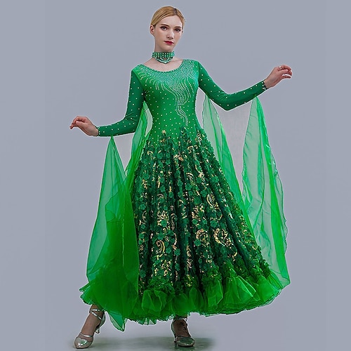 

Ballroom Dance Dress Crystals / Rhinestones Paillette Women's Training Performance Long Sleeve Tulle Ice Silk