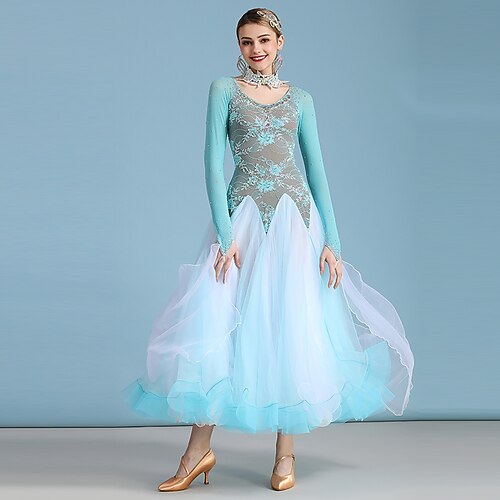 

Ballroom Dance Dress Rhinestone Women's Performance Long Sleeve High Lace Organza Tulle