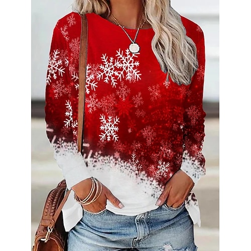 

Mulheres Camiseta Vinho Vermelho Azul Árvore de Natal Floco de Neve Imprimir Manga Longa Natal Final de semana Básico Natal Decote Redondo Padrão Pintura S