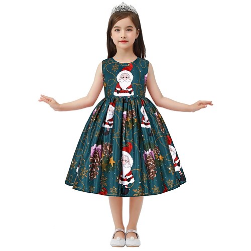 

Kids Girls' Ugly Christmas Dress Santa Claus A Line Dress Asymmetrical Dress Performance Cotton Sleeveless Princess Dress 3-10 Years Spring Green Blue Light Green