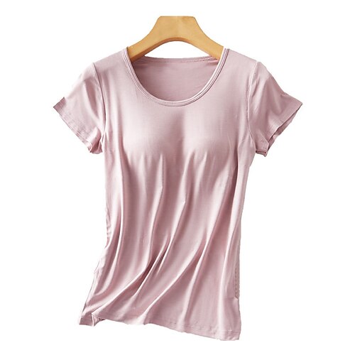 

Women's Loungewear Top Nighty 1 PCS Pure Color Simple Fashion Comfort Daily Going out Polyester Breathable Crew Neck Short Sleeve T shirt Tee Basic Chest pads Removable Pad Spring Summer Light Pink