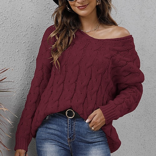 

Women's Jumper Cable Knit Tunic Knitted Solid Color V Neck Stylish Casual Outdoor Home Winter Fall Yellow Wine S M L / Long Sleeve / Chunky / Sweater / Hooded / Regular Fit